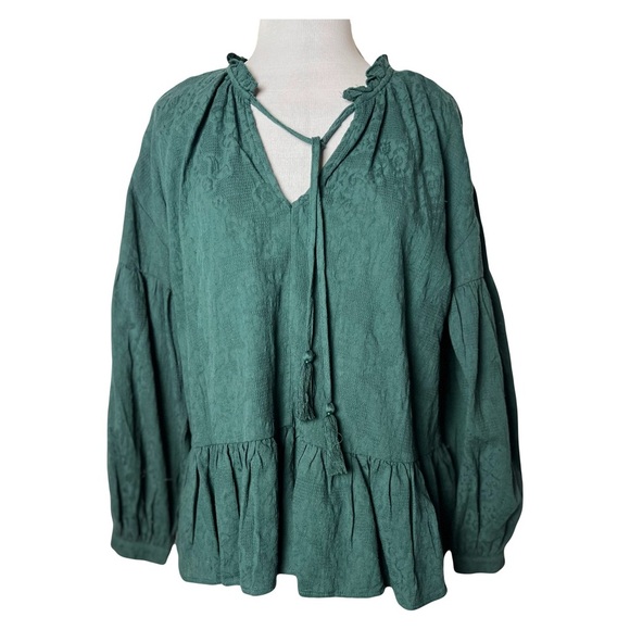 Umgee | Green Boho Peasant Textured Cotton Tassel Tie Top, Small - Picture 1 of 10